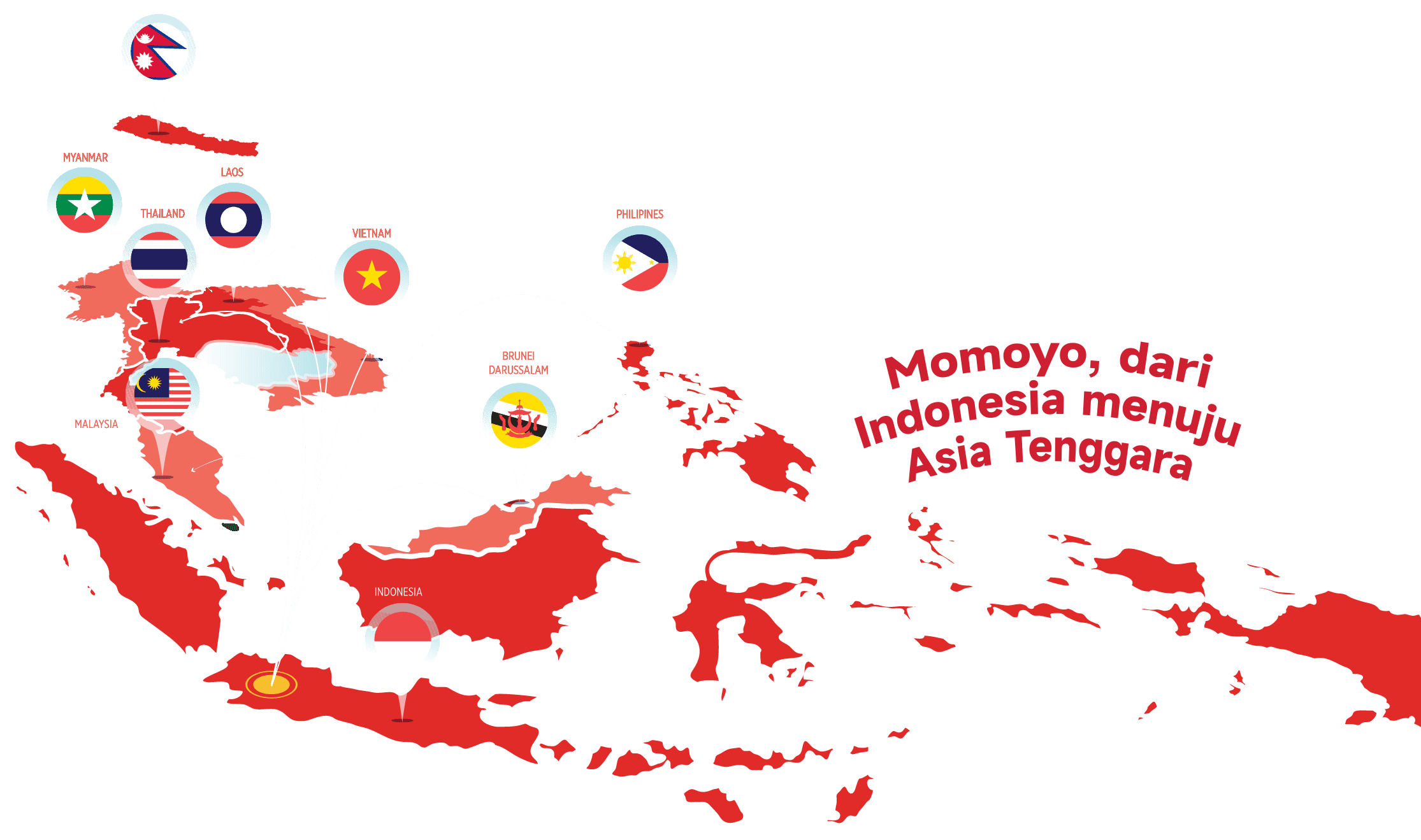 peta Nepal dan Asia Tenggara, dengan tanda pin di masing-masing negara tempat outlet momoyo tersedia, di antaranya Indonesia, Brunei, Filipina, Vietnam, Laos, Thailand, Malaysia, serta Myanmar.